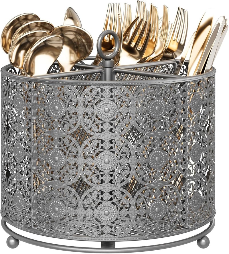 YIUKEA Rotating Utensil Caddy Countertop - Higher Raised Cutlery Caddy Holder - Metal Silverware Caddy Organizer with 4 Compartment for Kitchen Counter Party Office Silver - Image 1